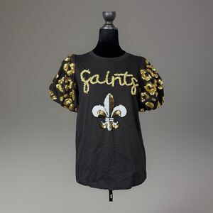 Sash Clothing Bar Saints Sequin Fleur De Lis Top XS Black Gold Puff Sleeve